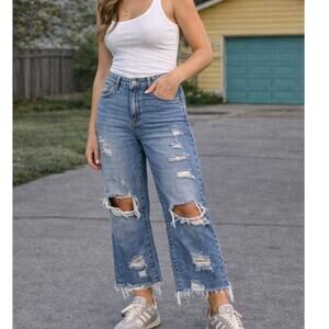 Flying Monkey Distressed Cropped Flare Jeans Raw Hem Size 30 Y2K